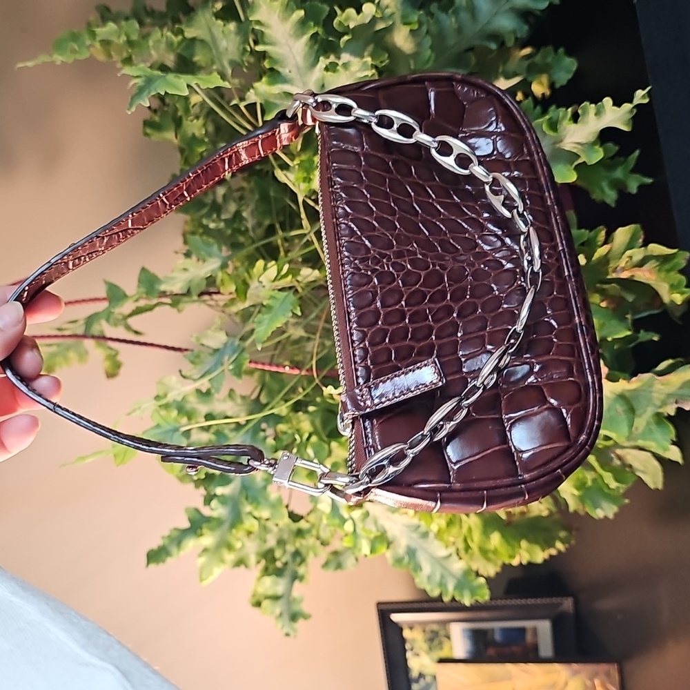 BY FAR Brown Croc-Embossed Shoulder Bag with Chain